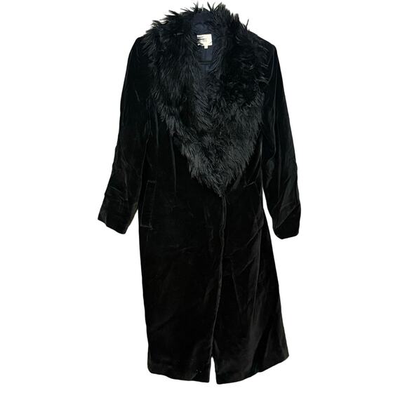 Oasis long black velvet coat faux fur collar British pockets button front US 6